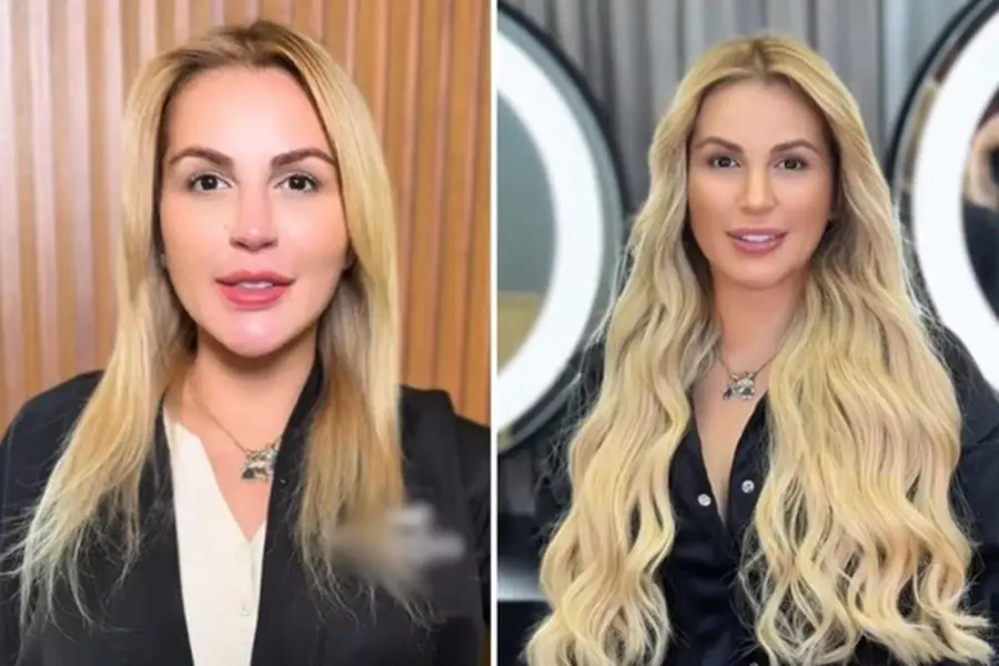 Transformação capilar com mega hair — antes e depois de alongamento em cabelo loiro